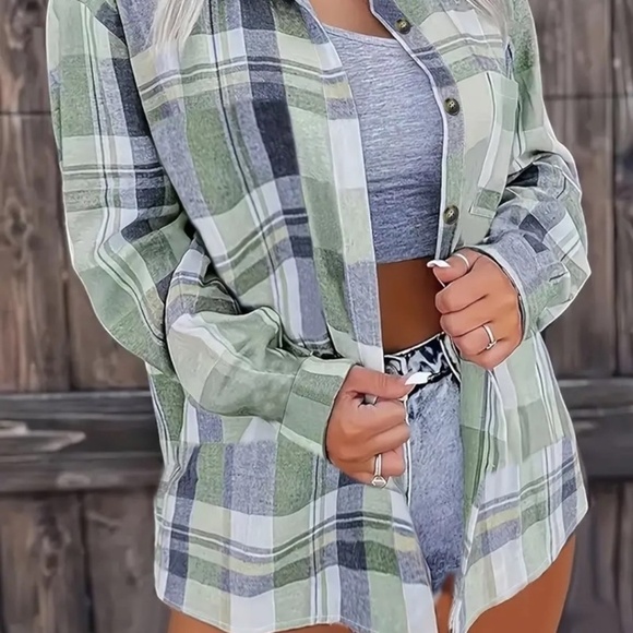 Polo Collar Button Shirt Plaid Print Mixed Greens/Grays/Black - Picture 1 of 5